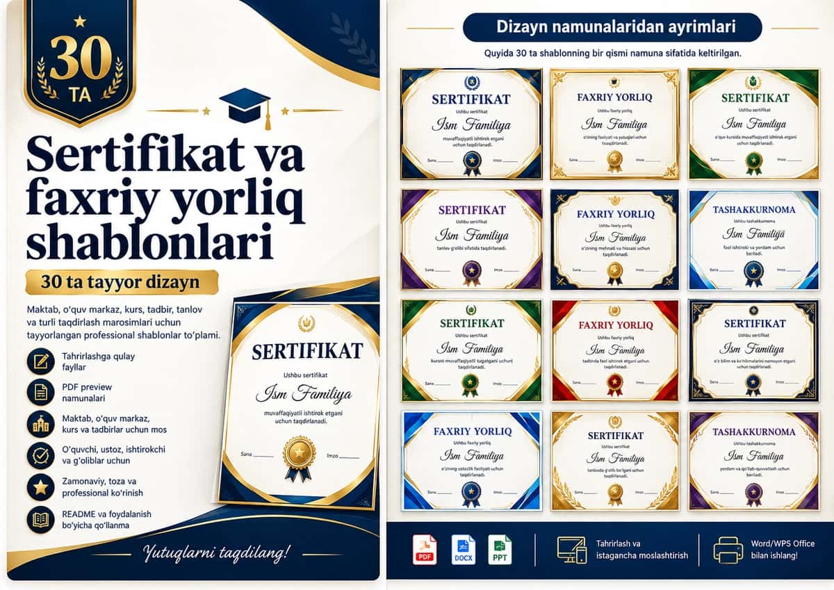 Shablon diplom, sertifikat, faxriy yorliq, tashakkurnoma yoki maqtov yorlig'i 30 tasi ZIPda 2
