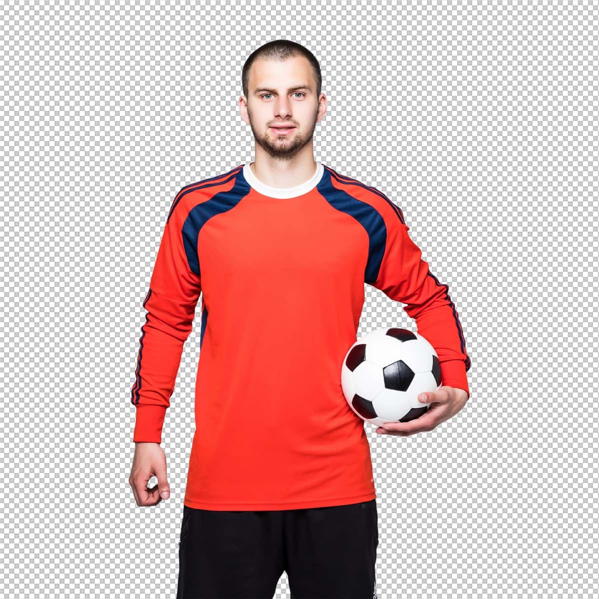 Qo'lida to'p kiygan yosh futbolchi, old tomondan oq rangli qizil mayka kiygan | Young soccer player with ball hand dressed red jersey front white 1