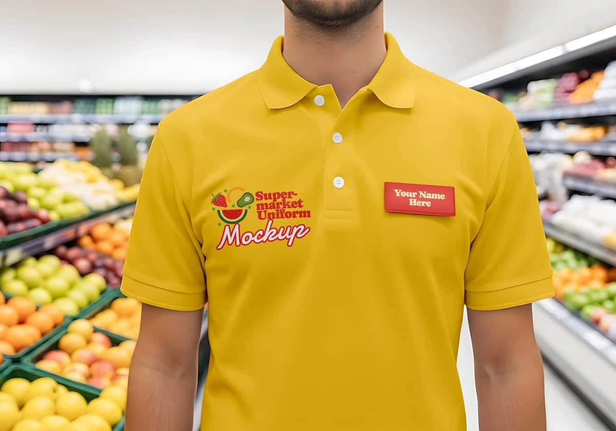 Sariq supermarket polo ko'ylak formasi maketi | Yellow supermarket polo shirt uniform mockup 1