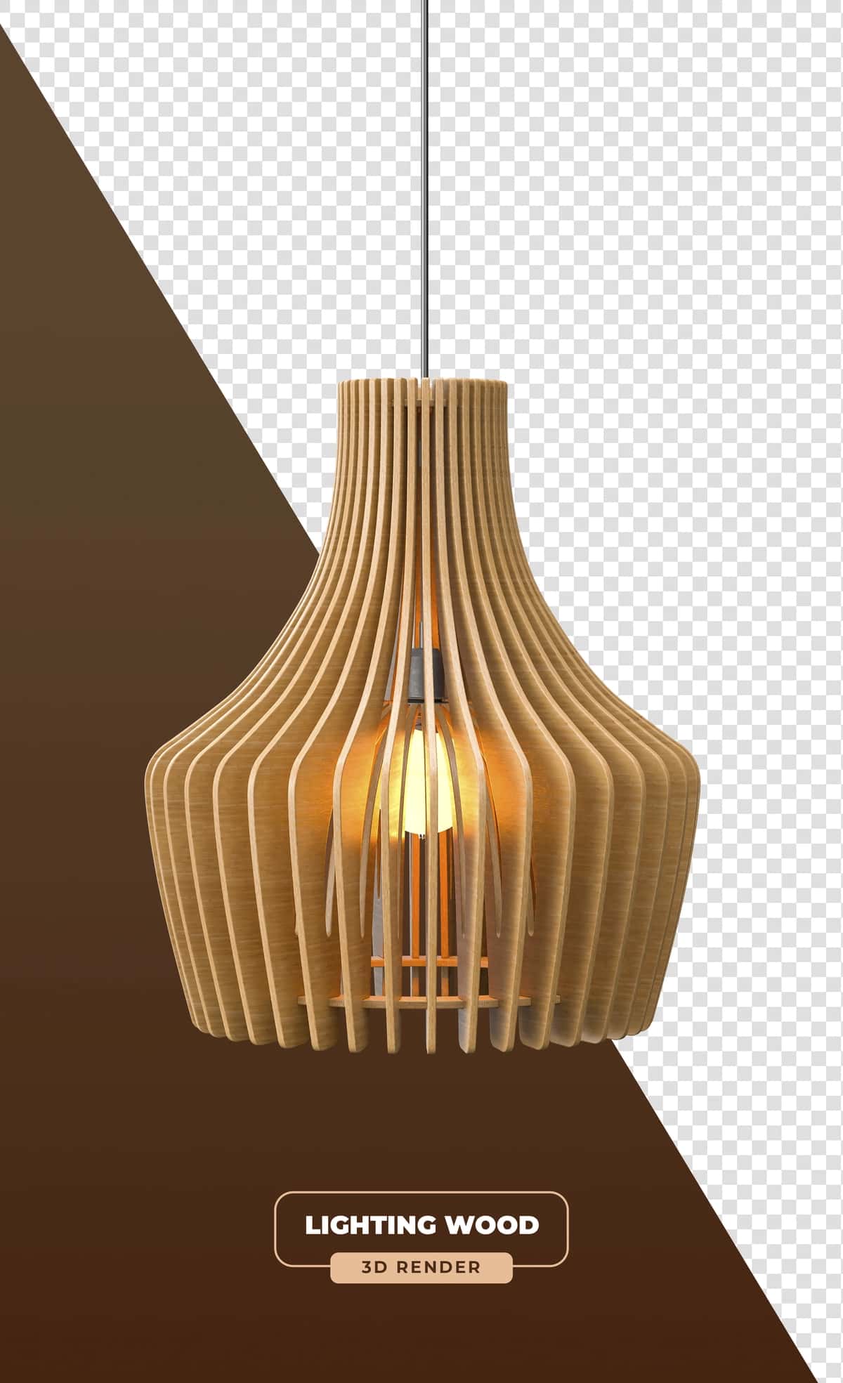 Haykaltaroshlik dizayni bilan 3D renderli egilgan yog'och panjarali marjon chiroq | Curved wooden slat pendant lamp with sculptural design 3d render 1