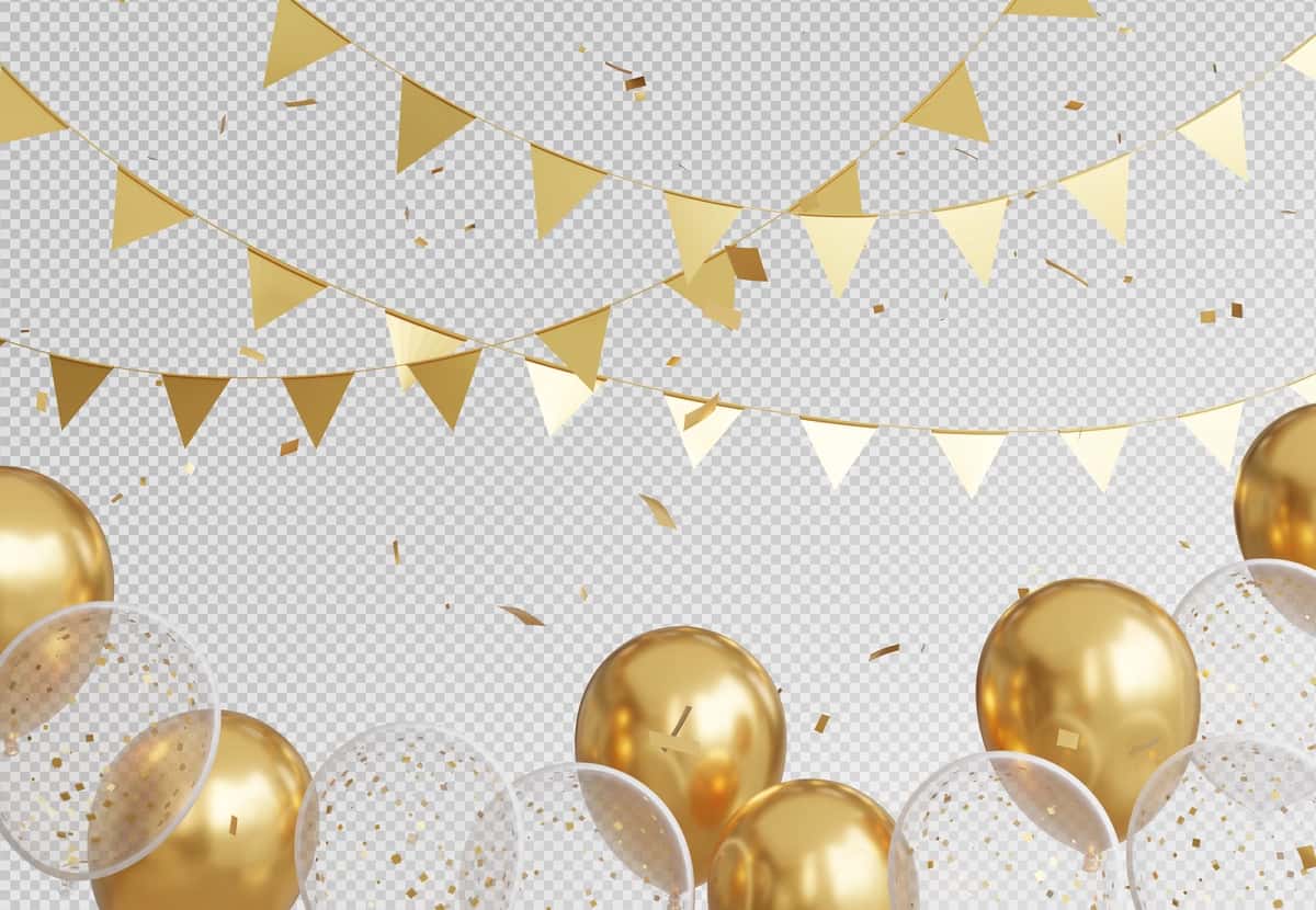 Bayroq gulchambar bayrami bilan 3D tasvirlangan oltin sharlar | 3d render golden balloons with flag garland celebration 1