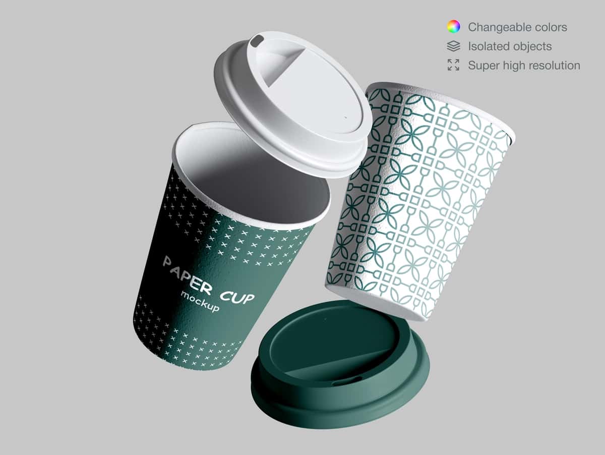 Haqiqiy suzuvchi qog'oz stakanlarning qopqoqli maketi | Realistic floating paper cups mockup with lids 1