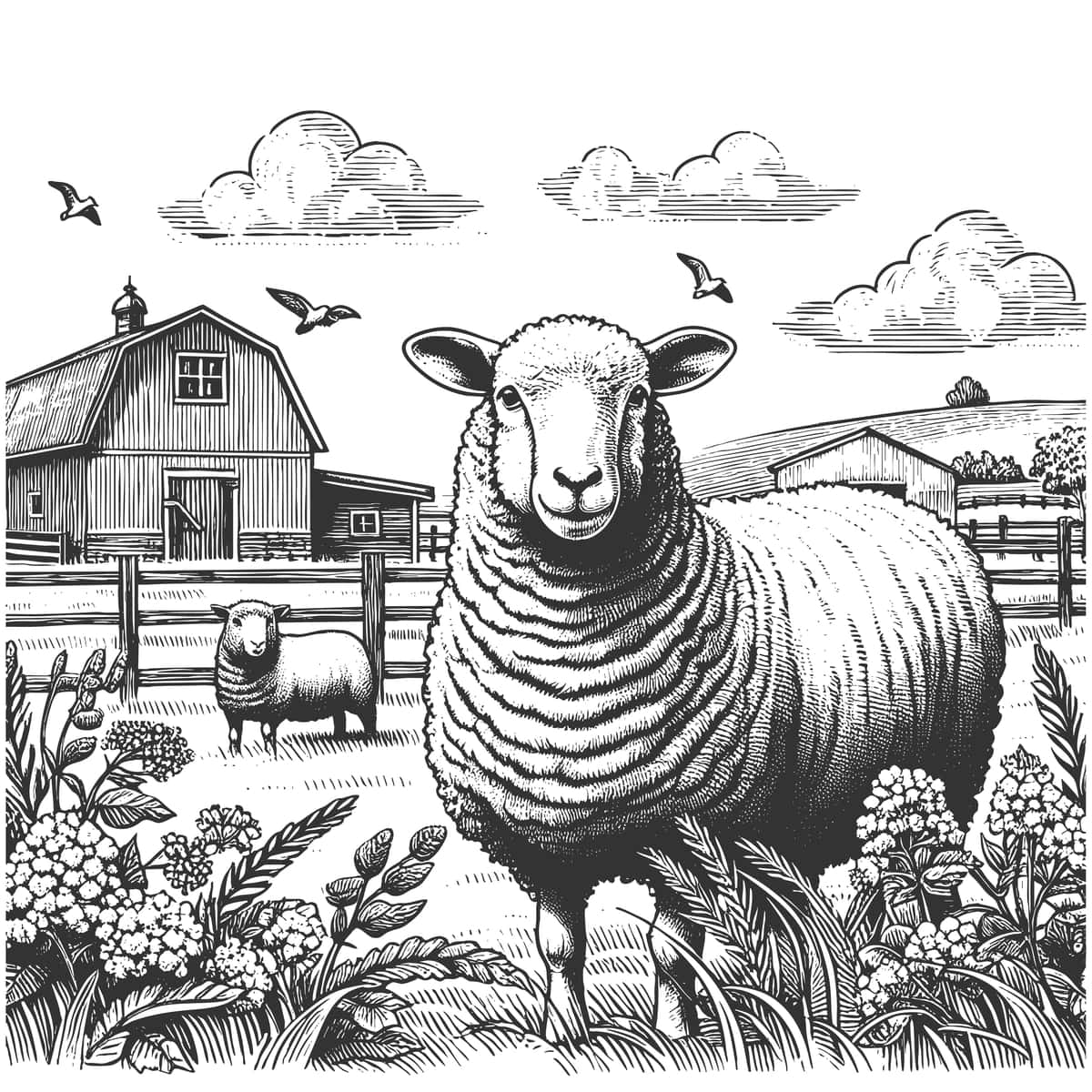 Qoʻy ombori vektor tasviri bilan ferma sahnasi | Farm scene with sheep barn vector illustration 1