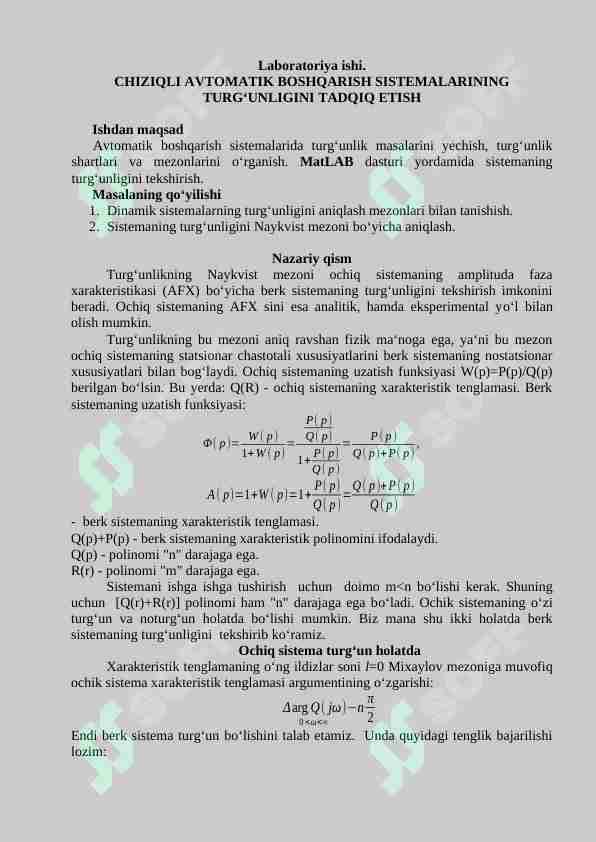 CHIZIQLI AVTOMATIK BOSHQARISH SISTEMALARINING TURGʻUNLIGINI TADQIQ ETISH