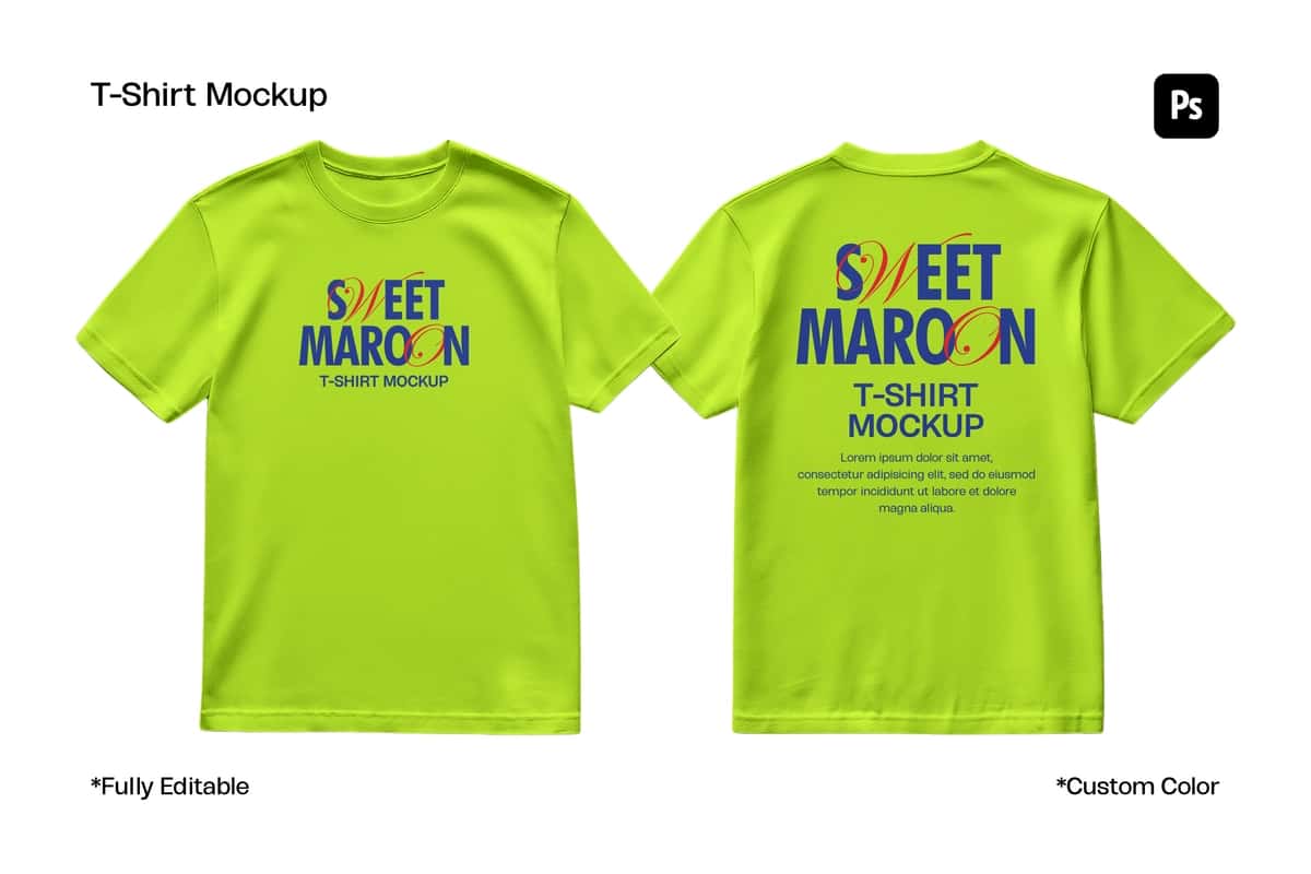 Ohak yashil rangli futbolka maketi, old tomoni orqadan ko‘rinishda brend belgisi | Lime green t shirt mockup with front back views branding 1