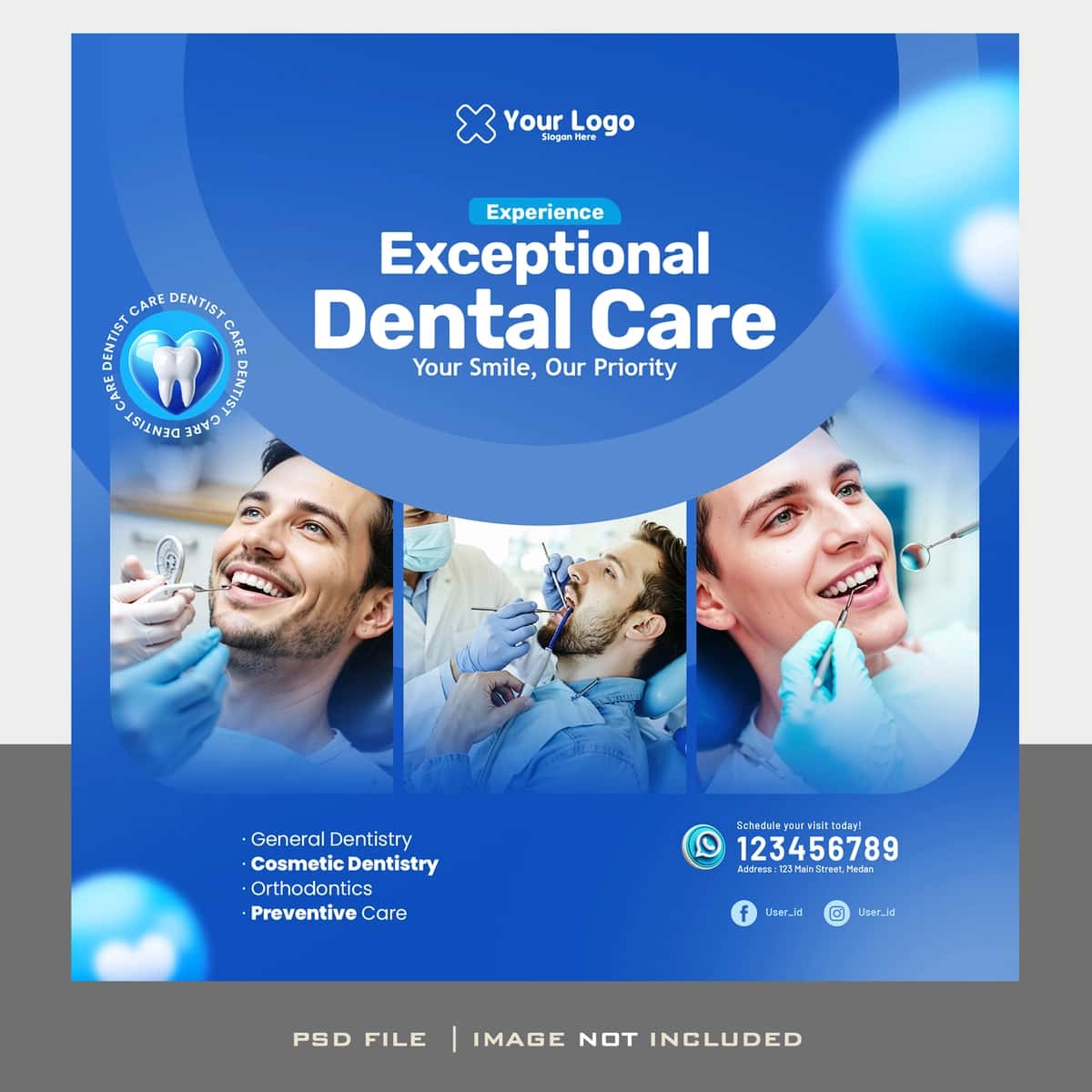 Ijtimoiy tarmoqlardagi post-banner klinikasidagi ajoyib stomatologik yordam xizmatlari | Exceptional dental care services social media post banner clinic 1