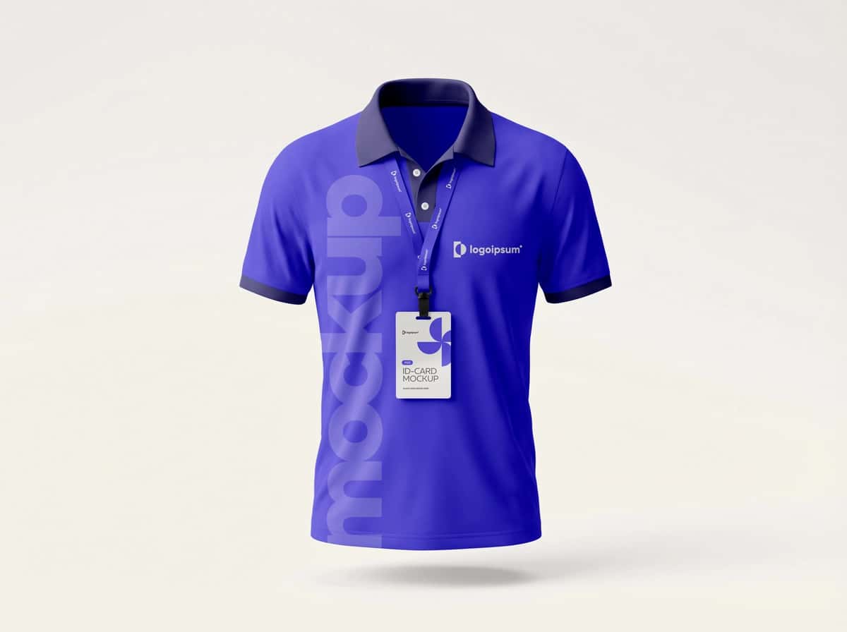 Polo ko'ylak maketi, identifikatori bilan bog'langan | Polo shirt mockup with id card lanyard branding 1