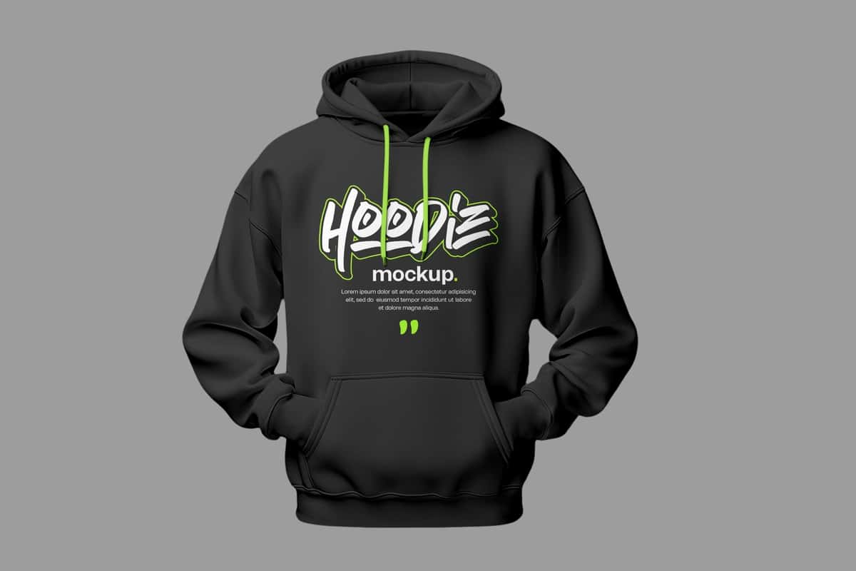 Yashil aksentli matnli qora qalpoqli maketi | Black hoodie mockup with green accents text 1