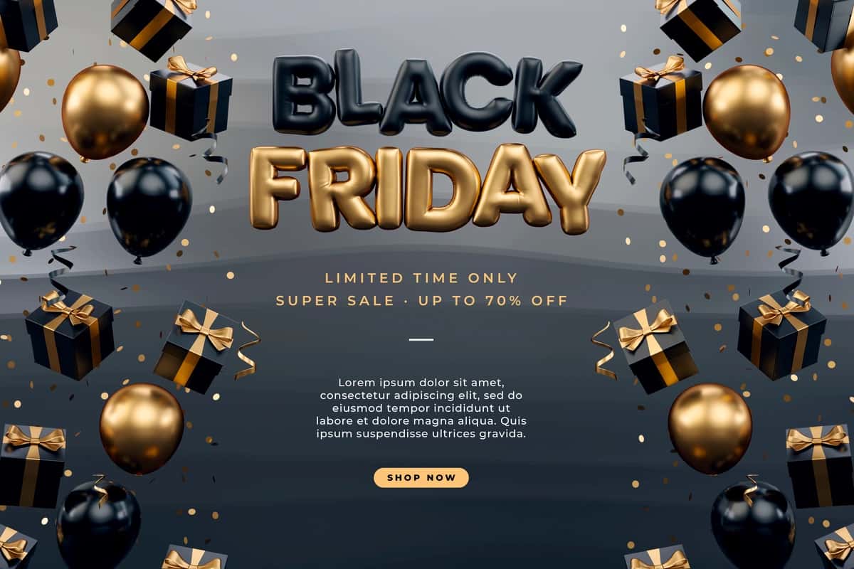 Qora juma bannerida oltin qora sovg'alar sharlar konfeti qorong'i | Black friday banner with gold black gifts balloons confetti dark 1