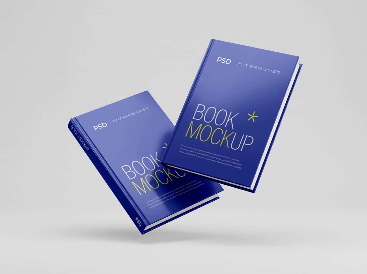 Suzuvchi qattiq muqovali kitob maketlari | Floating hardcover book mockups 1