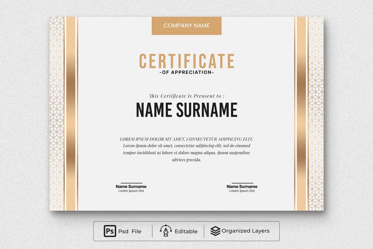 Psd zamonaviy hashamatli nafis oddiy sertifikat oltin bilan minnatdorchilik | Psd modern luxury elegant simple certificate appreciation with gold 1