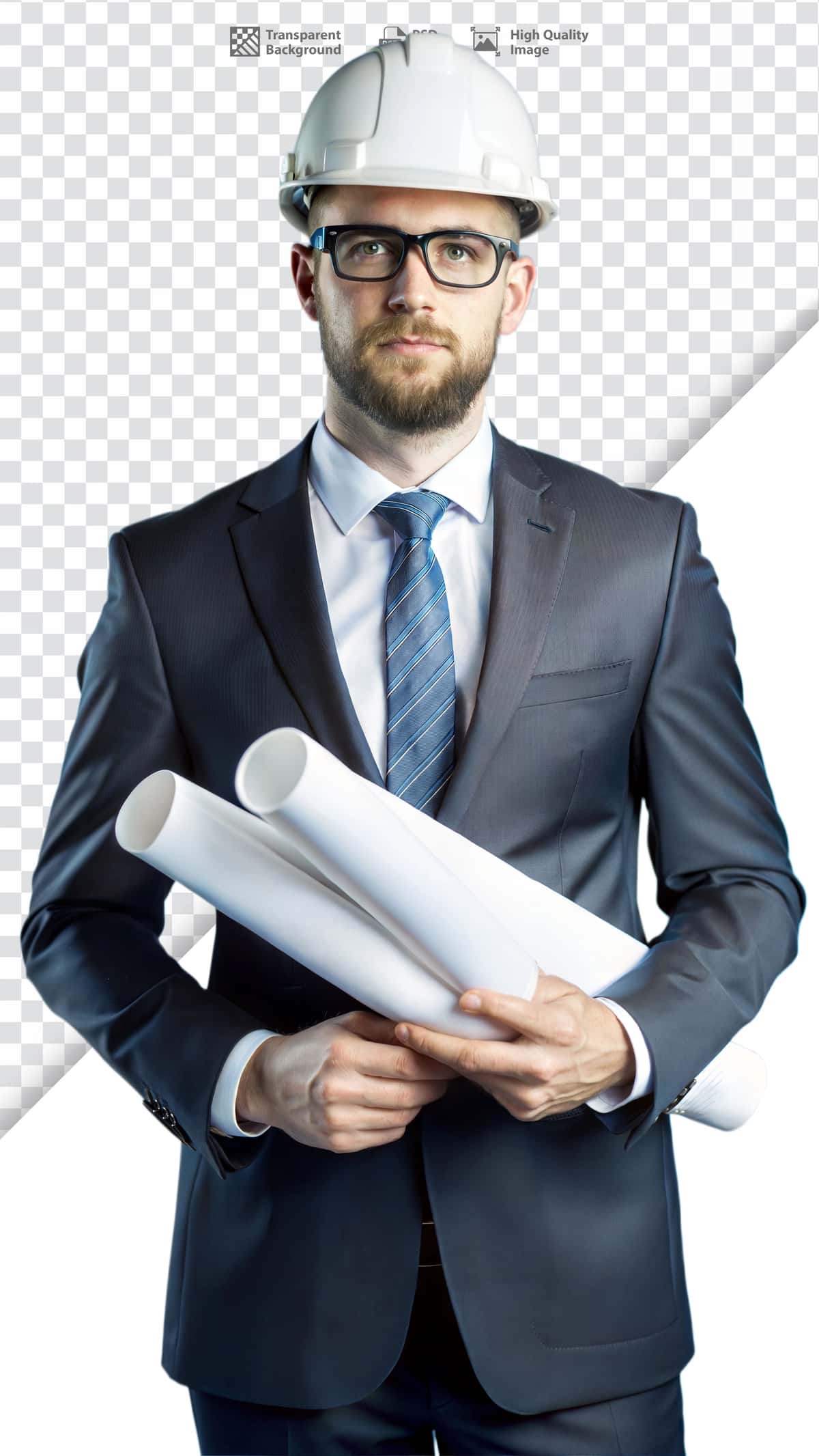 O'ziga ishongan erkak me'mor shlyapa kostyumi chizmalarini ushlab turadi | Confident male architect holding blueprints suit hard hat 1
