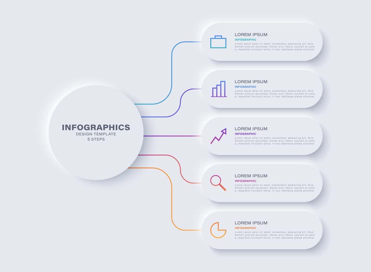 Neymorfizm dizayni infografikasi besh variantli diagramma | Neumorphism design infographic five option chart 1