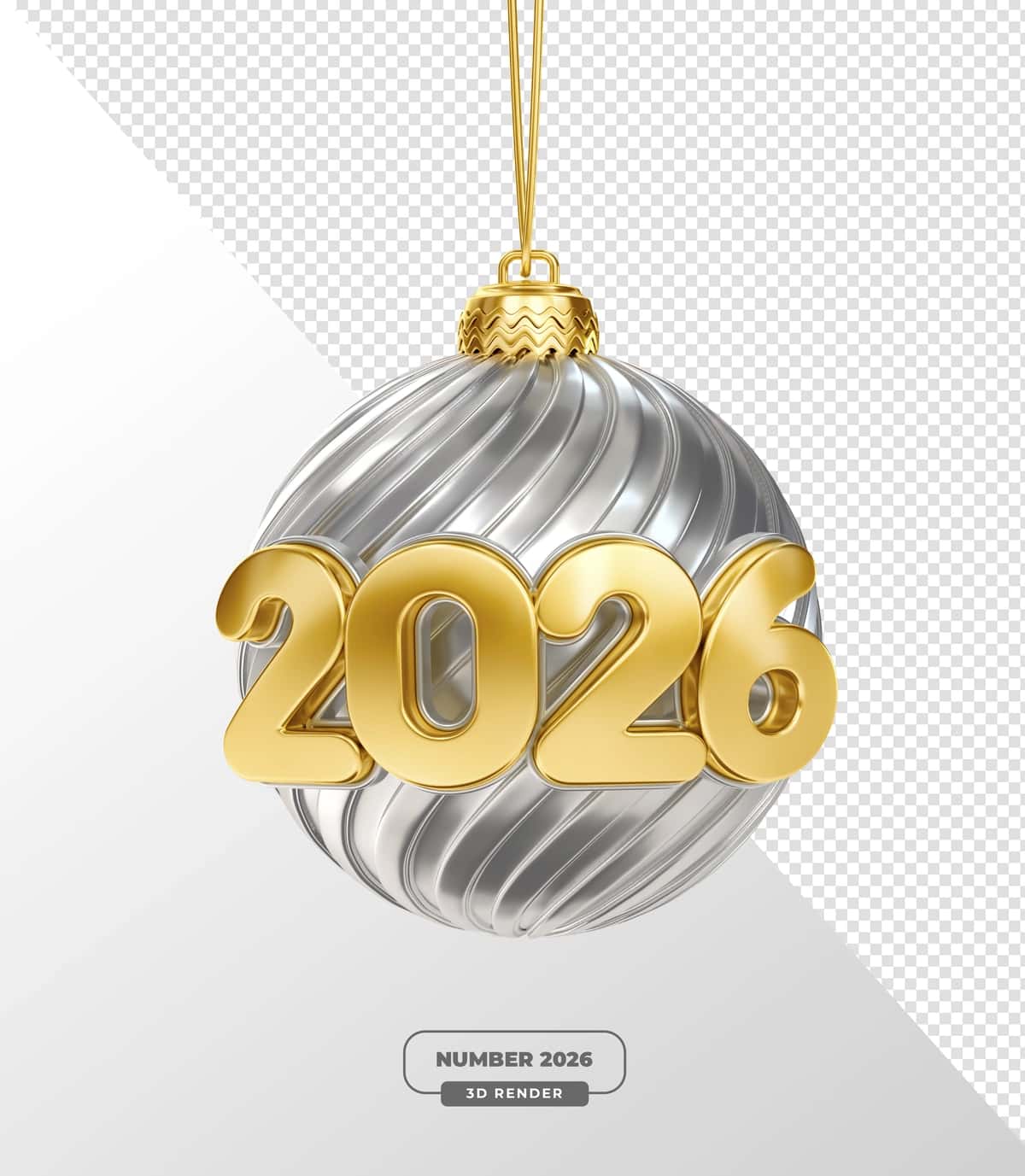 Oltin 2026 raqamlari shaffof bilan kumush rangli Rojdestvo 3D renderi | Golden 2026 numbers silver christmas bauble 3d render with transparent 1