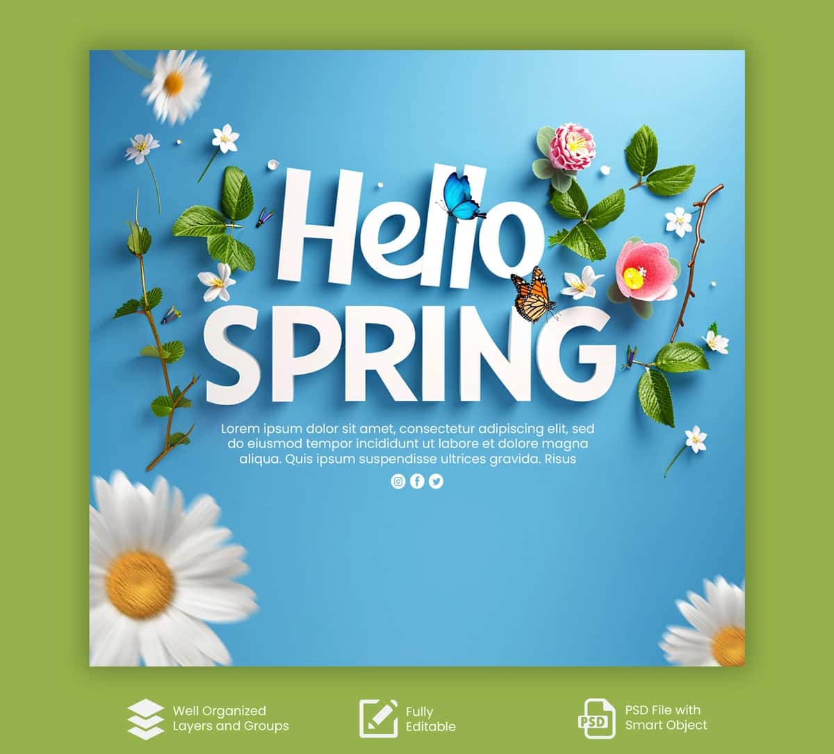 Psd salom bahor fonida gullar ramkali ijtimoiy media posti | Psd hello spring background social media post with flowers frame 1