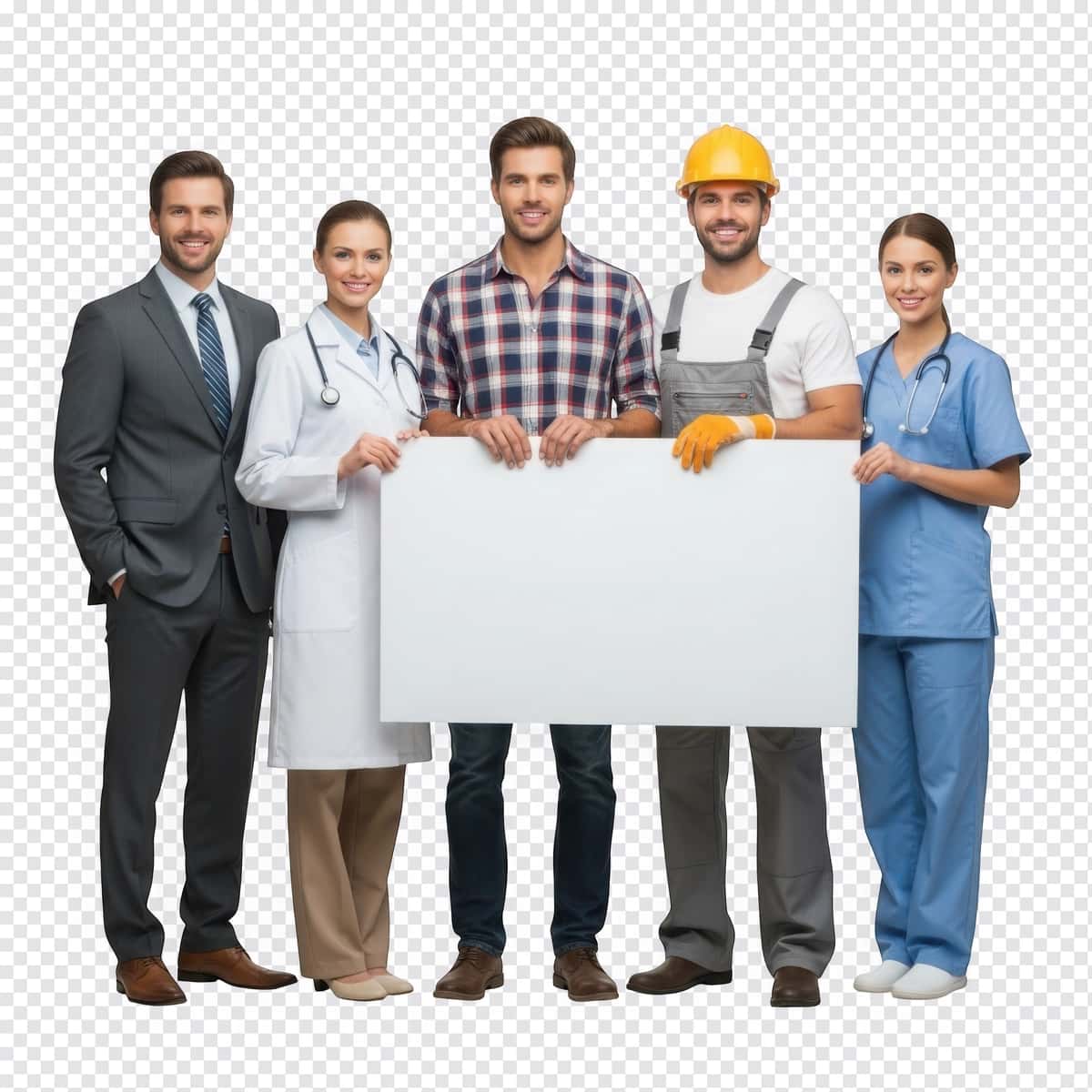 Turli kasb egalari oq varaqlarni ushlab turishibdi | Diverse professionals from various occupations holding blank white 1