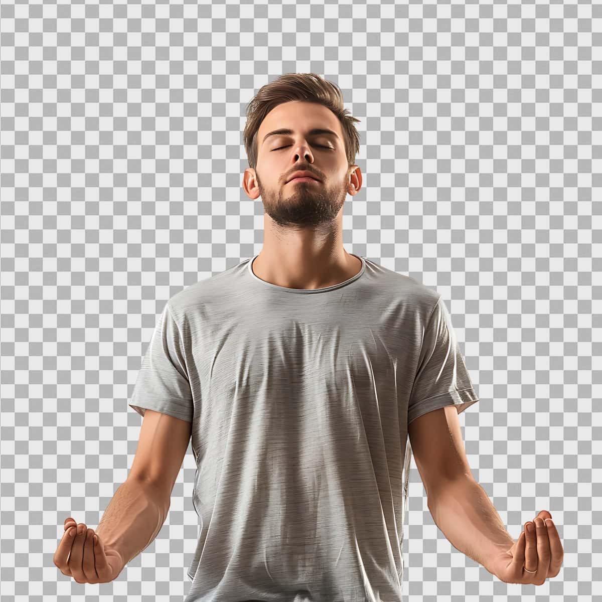 Yoga meditatsiyasi kontseptsiyasi diqqatni jamlagan, bo'shashgan odam tik turgan holda meditatsiya qiladi | Yoga meditation concept concentrated relaxed man standing meditation 1