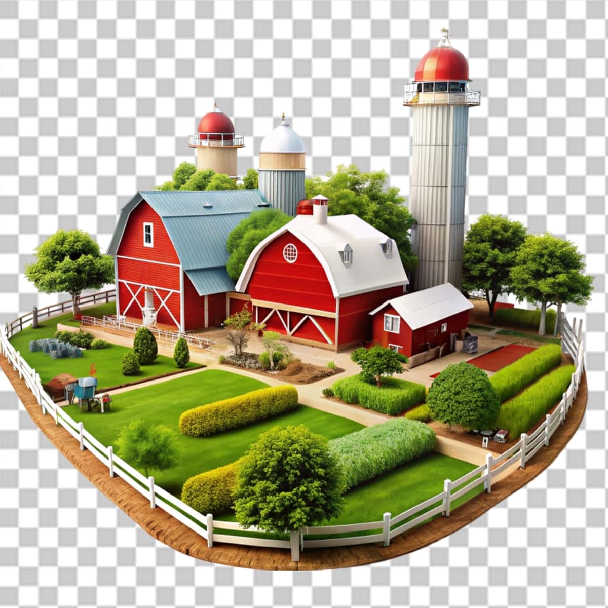 O'tloqli olma daraxti shaffof fon bilan qizil ombor | Red barn with meadow apple tree transparent background 1