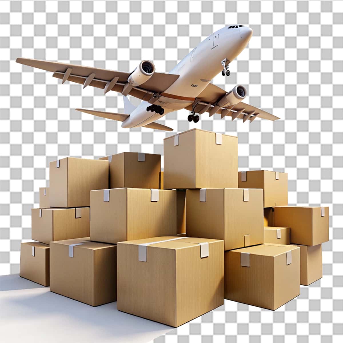 Shaffof fonda uchayotgan jigarrang karton qutilar guruhi | Group brown cardboard boxes flying airplane transparent background 1