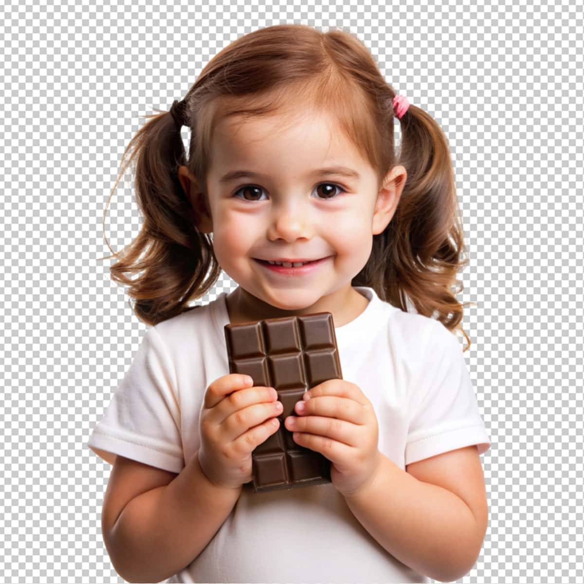 Shokoladli shaffof fonda kichkina qoramag'iz bola | Little brunette kid holding chocolate transparent background 1