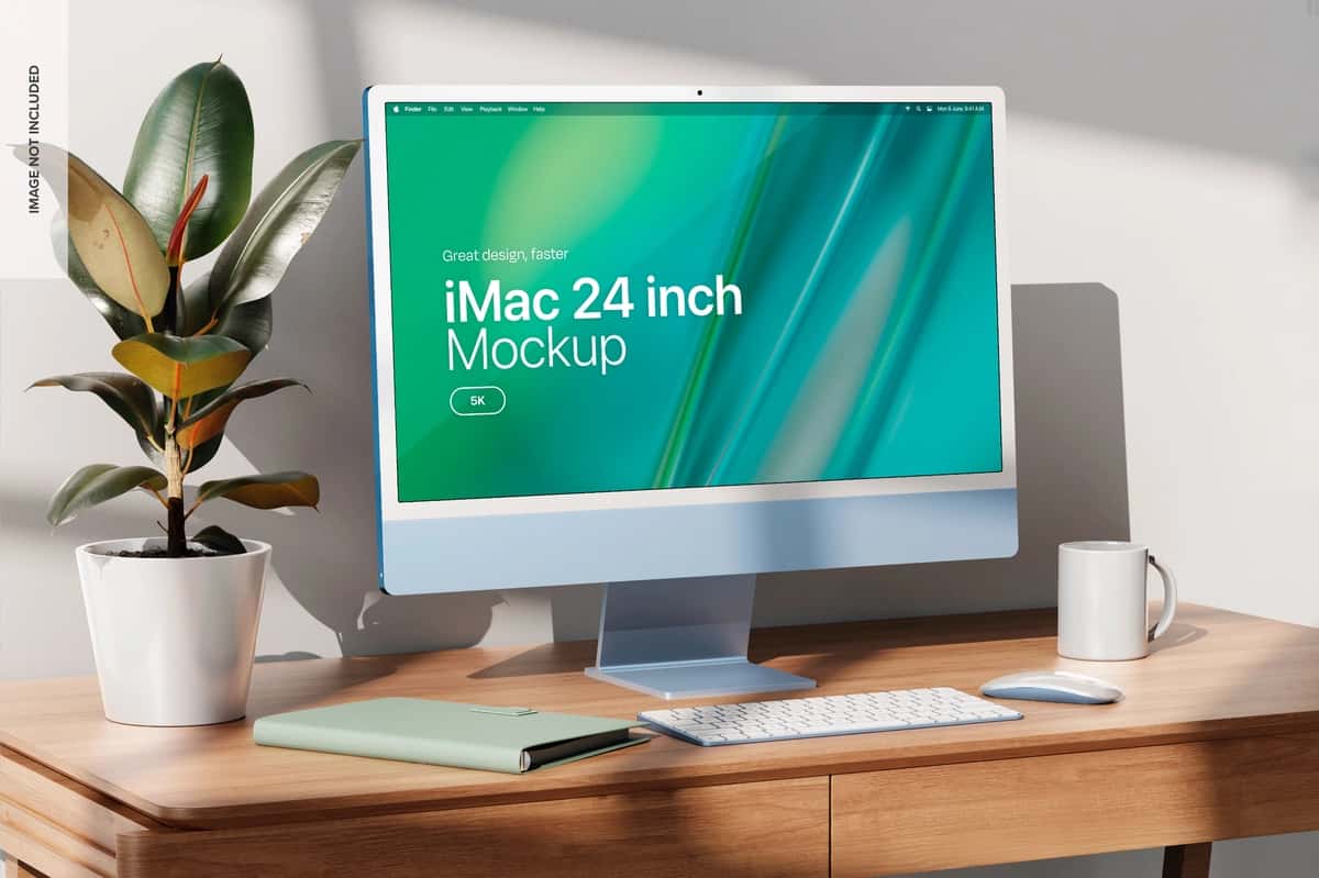 Imac uy stoli maketining yon ko'rinishi | Imac home desk mockup side view 1