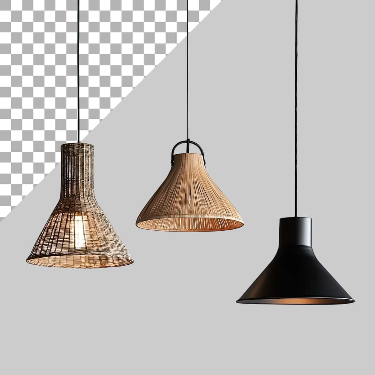 Oq fonda osilgan uchta marjon chiroqlari | Three pendant lights hanging from wire white background 1