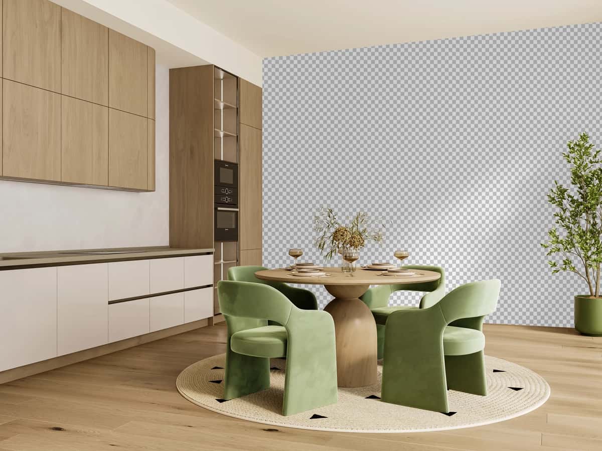 To'ldiruvchi devor bilan zamonaviy oshxona ovqat xonasining ichki qismi | Contemporary kitchen dining room interior with placeholder wall 1