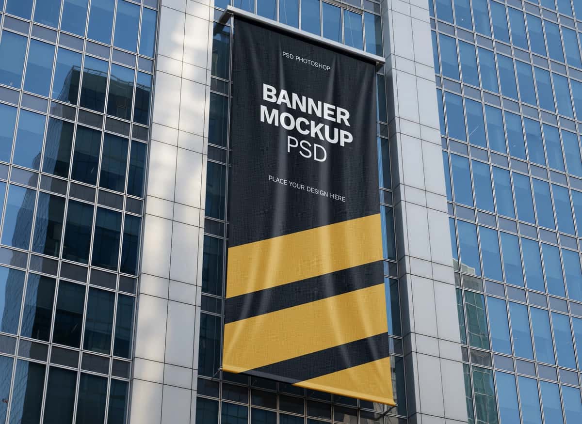 Vertikal reklama banneri maketi zamonaviy bino jabhasi | Vertical advertising banner mockup modern building facade 1