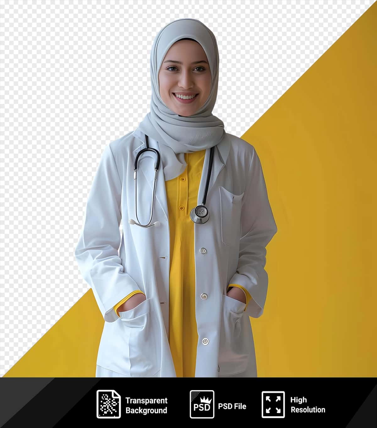 Noyob jilmaygan yosh shifokor hijobli stetoskopni ushlab turgan png | Unique smiling young female doctor hijab holding stethoscope png 1