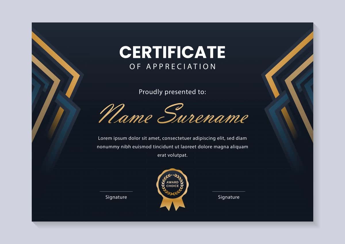 Mukofot nishoni bilan hashamatli quyuq ko'k oltin sertifikat shabloni | Luxury dark blue gold certificate template with award badge 1