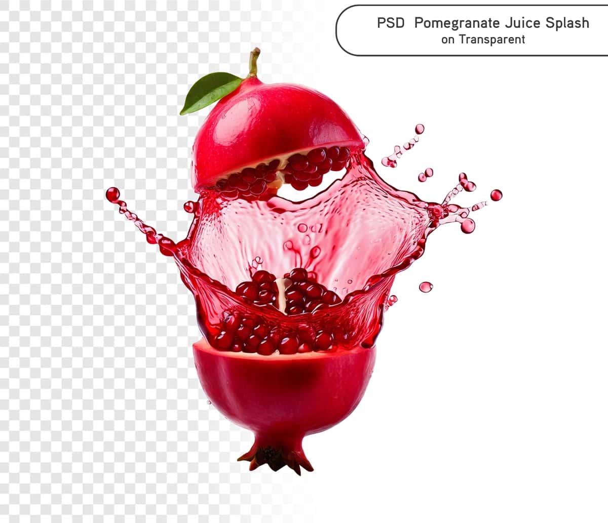 Psd anor mevali sharbati, sharob, pishgan anor bilan 3D splash to'lqini | Psd pomegranate fruit juice wine 3d splash wave with ripe pomegranate 1