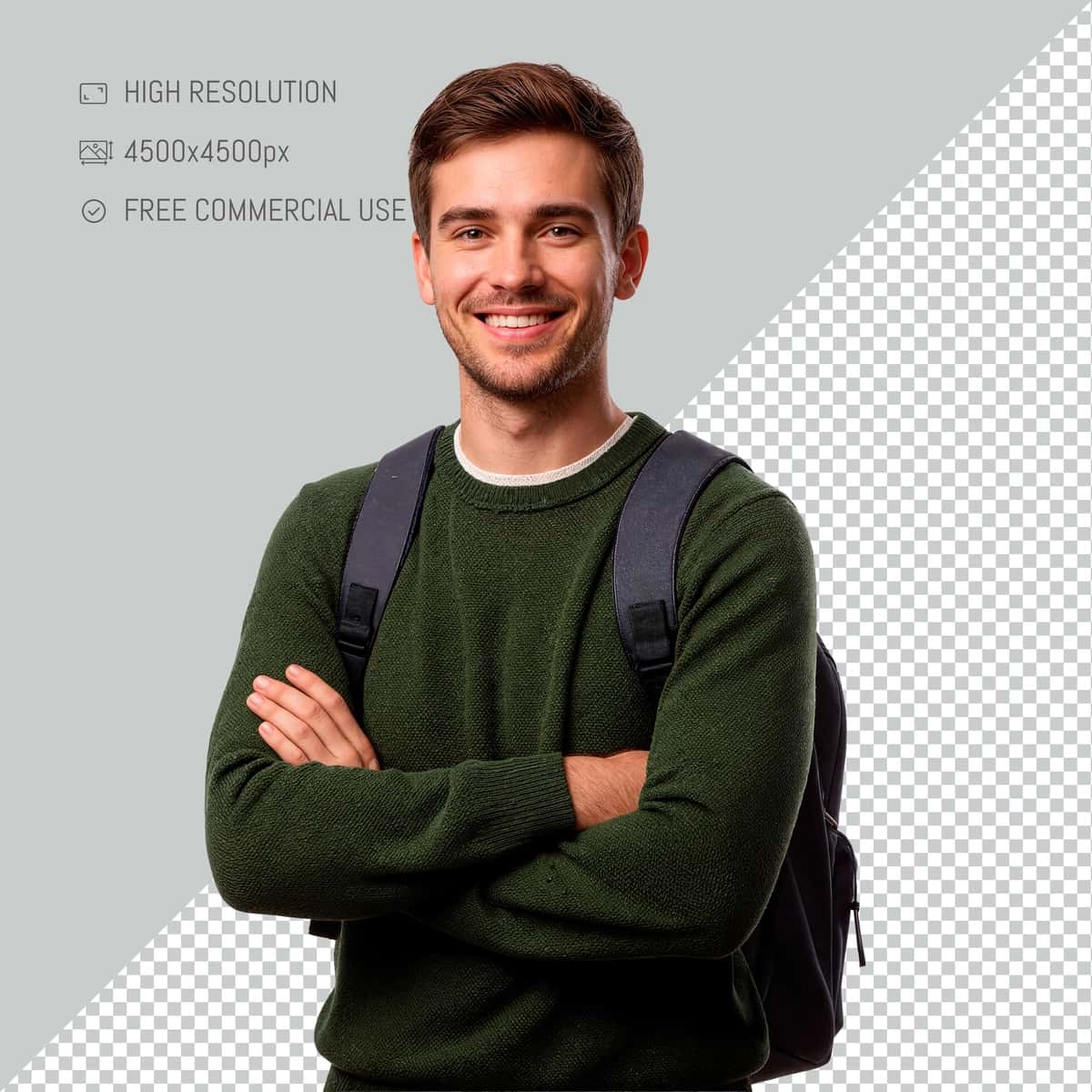 Xalta ko'targan baxtli yigit qo'llarini chalishtirdi zamonaviy talaba turmush tarzi | Happy young man with backpack crossed arms modern student lifestyle 1