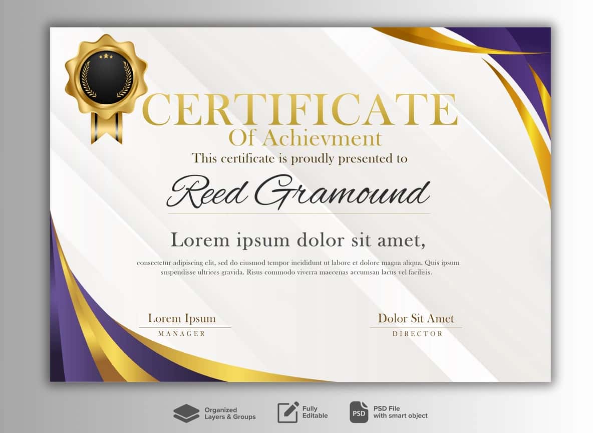 Binafsharang oltin tafsilotlari bilan nafis sertifikat shabloni | Elegant certificate template with purple golden details 1