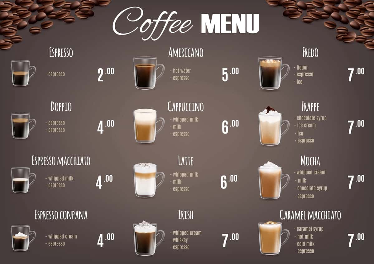 Kofe ichimliklar menyusi narxlari ro'yxati vektor shabloni | Coffee drinks menu price list vector template 1