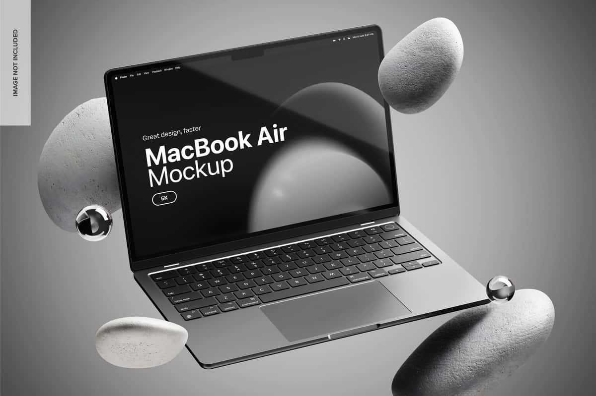 Suzuvchi elementlar maketi bilan Macbook air | Macbook air with floating elements mockup 1
