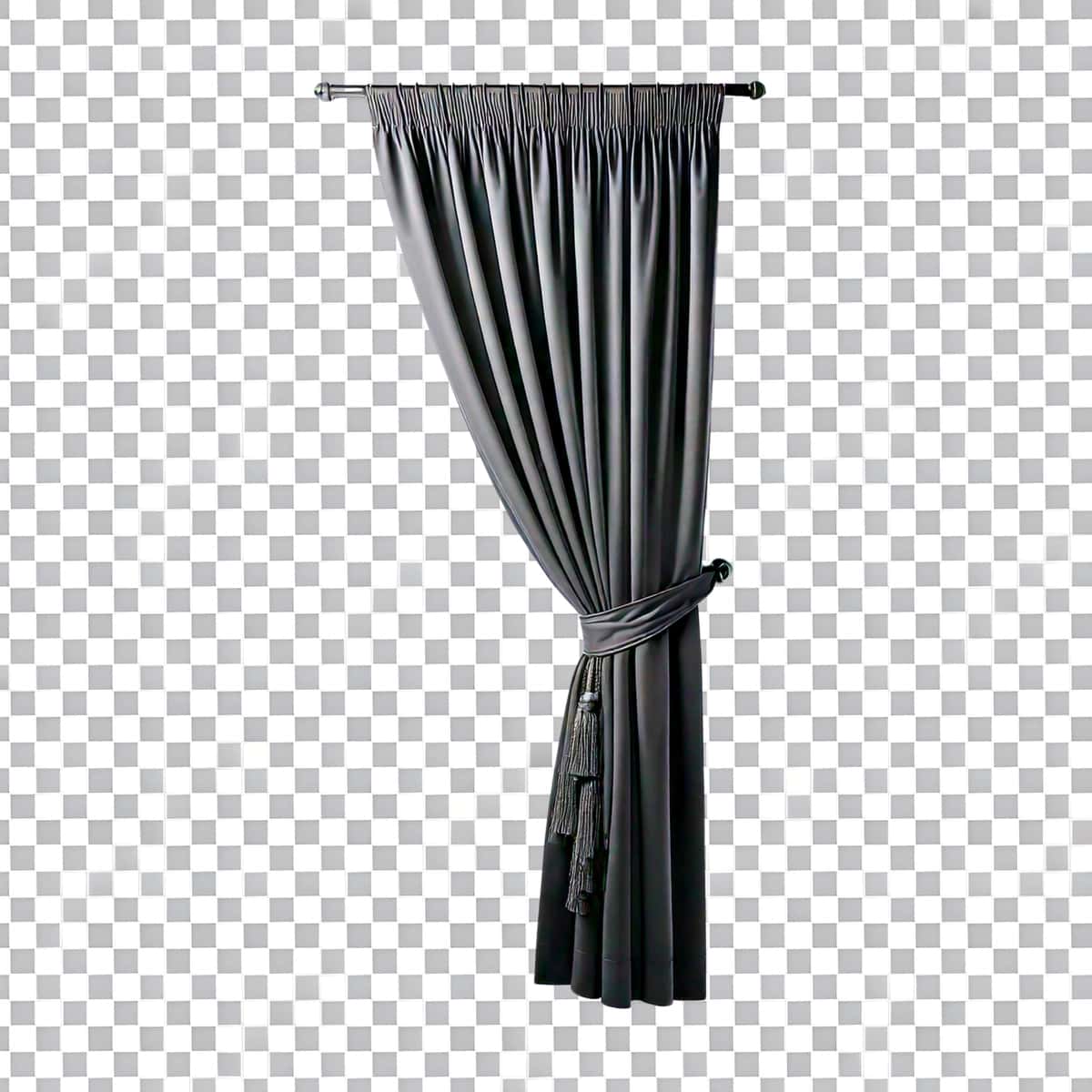 Nafis kulrang parda, tasmali bog'ichli murakkab | Elegant grey curtain with tassel tieback enhancing sophisticated 1
