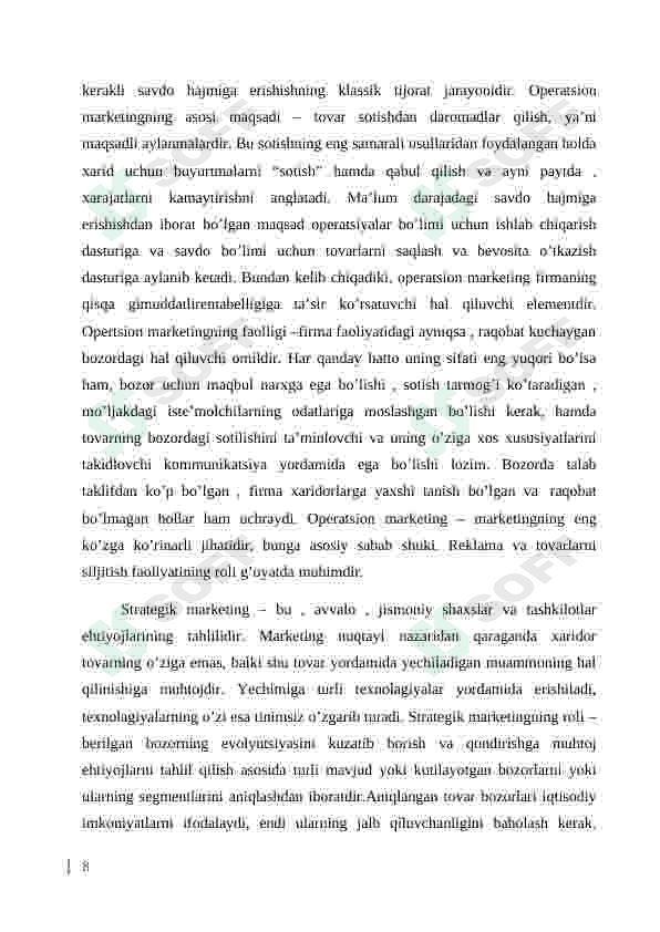 Xizmat ko’rsatish sohasida marketing faoliyatini tashkil etish 8