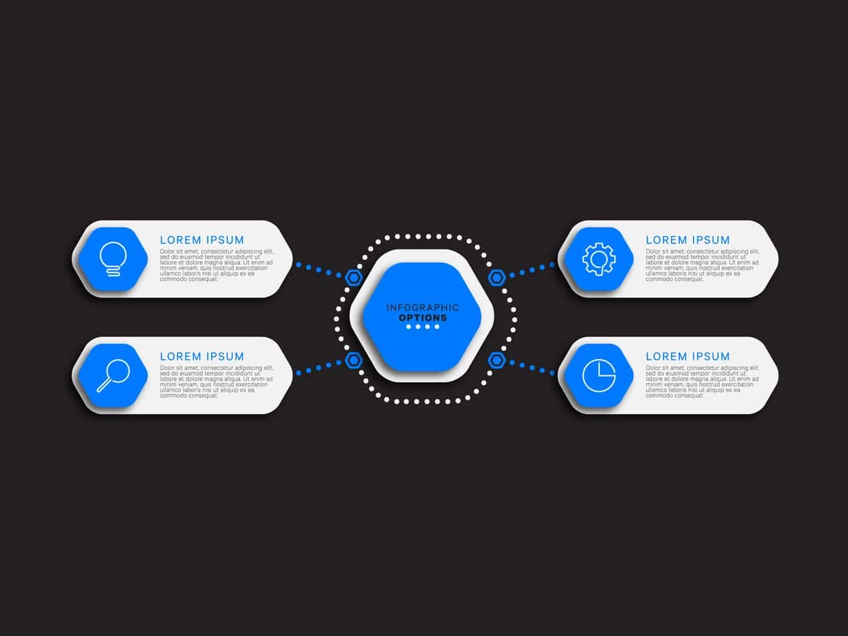 To'rtta ko'k olti burchakli qora fonli infografik shablon | Infographic template with four blue hexagonal options black background 1