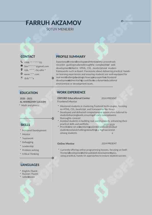 Resume | CV ishga topshirish uchun rezume namunasi