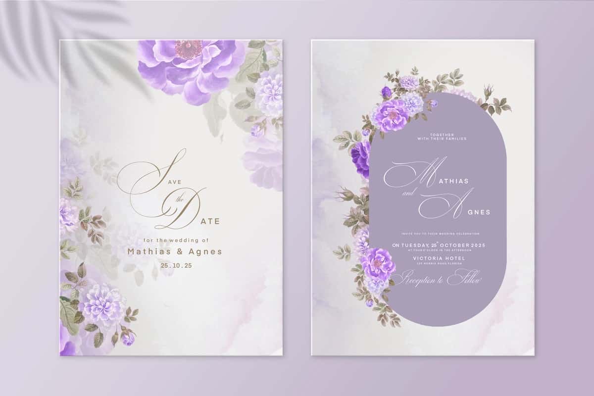 Zarif binafsharang to'y taklifnomasi shabloni | Elegant purple wedding invitation template 1