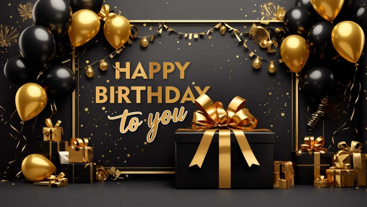 Tug'ilgan kuningiz bilan tabriklash banneri nafis oltin sharli sovg'a qutilari | Happy birthday banner with elegant golden balloon giftboxes 1