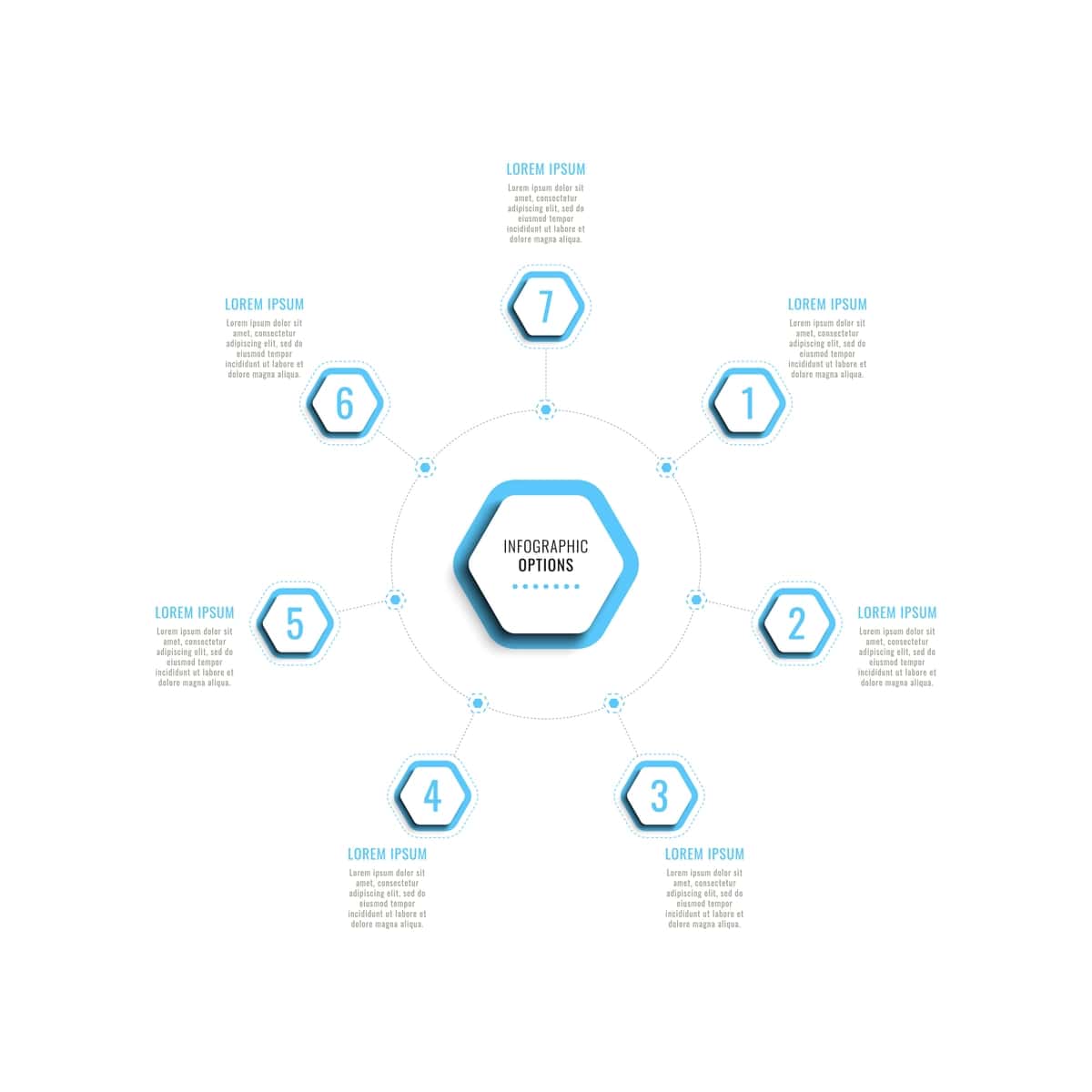 Ochiq ko‘k olti burchakli yetti bosqichli dumaloq infografik shablon | Seven steps circular infographic template with light blue hexagonal 1