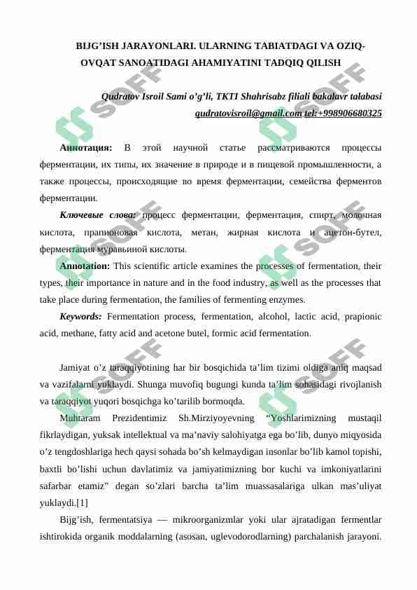 Bijg'ish jarayoni, uning tabiatga va oziq ovqat sanoatidagi ahamiyatini tatqiq qilish