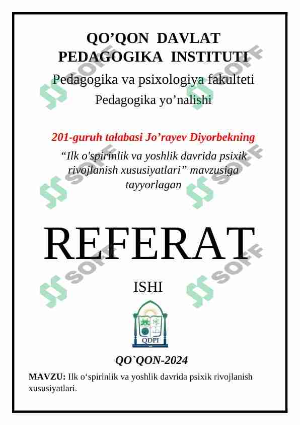 Ilk o‘spirinlik va yoshlik davrida psixik rivojlanish xususiyatlari