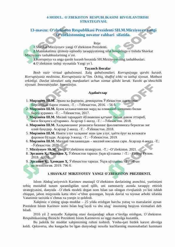 O‘zbekiston Respublikasi Prezidenti SH.M.Mirziyoyev yangi O‘zbekistonning novator rahbari sifatida.