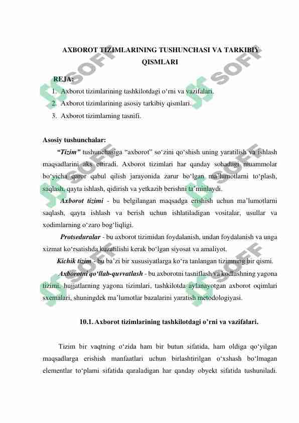 AXBOROT TIZIMLARINING TUSHUNCHASI VA TARKIBIY  QISMLARI