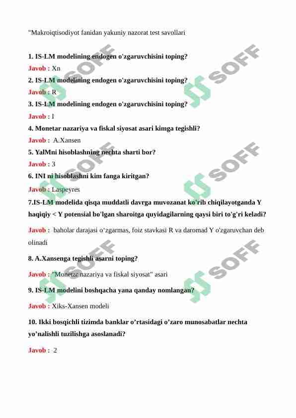 Makroiqtisodiyot fanidan yakuniy testlar javobi bilan 1