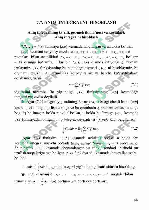 Aniq integralning ta’rifi, geometrik ma’nosi va xossalari. Aniq integralni hisoblash