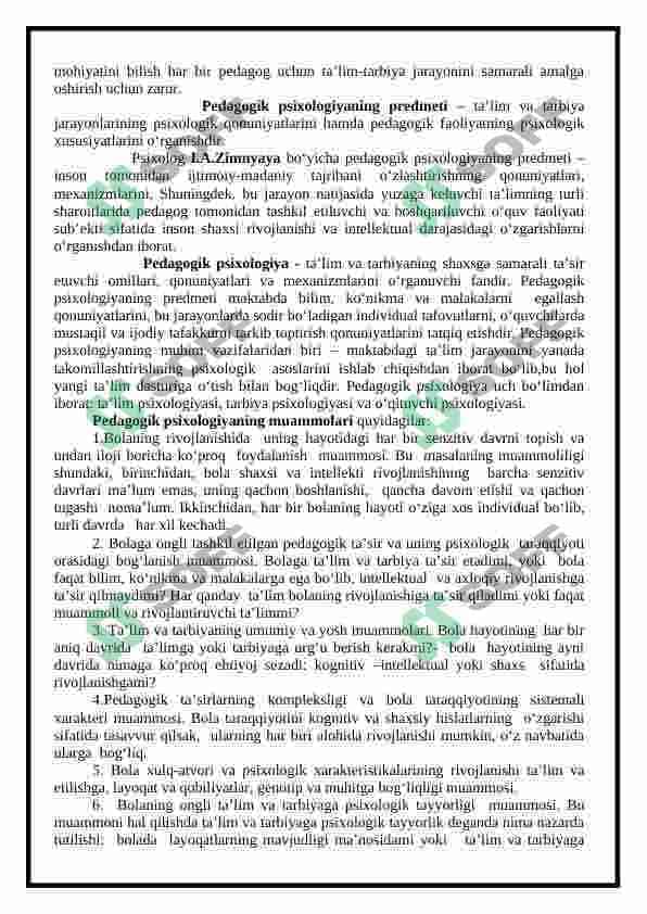 YOSH VA PEDAGOGIK PSIXOLOGIYA FANINING TADQIQOT SOHASI VA MUAMMOLARI (referat) 6