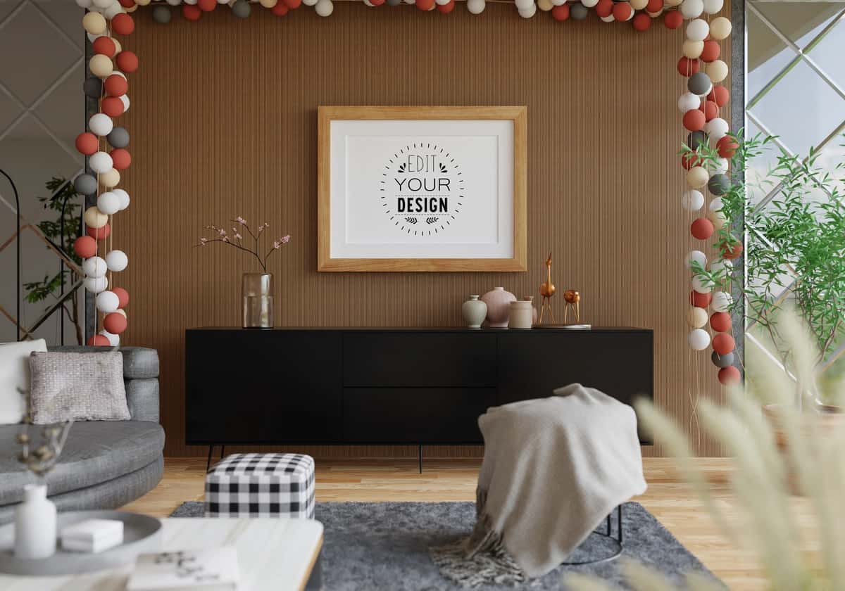 Yashash xonasi uchun plakat ramkasi psd maketi | Poster frame living room psd mockup 1